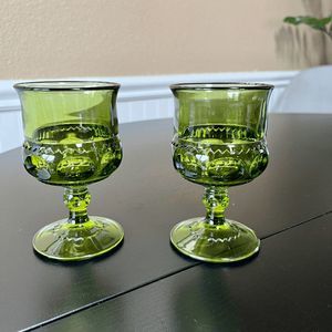 Vintage Indiana Glass Avocado Green Glass Kings Crown Qty 2 Goblets Thumb Print